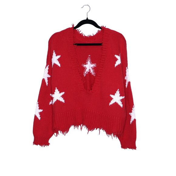 WILDFOX Couture Stars Palmetto Sweater Scarlet Red Oversize Distressed Women's M - Picture 3 of 14